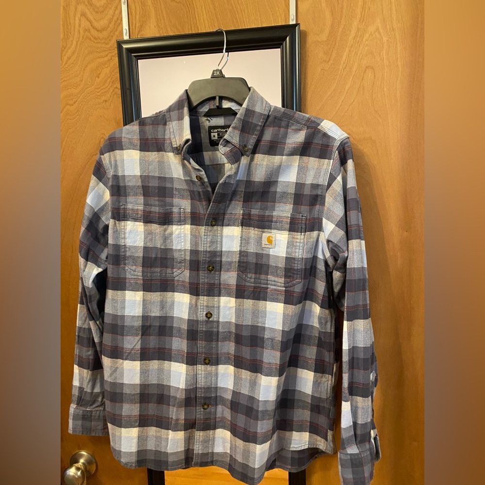 Carhartt Men's Relaxed Fit Casual Plaid Shirt - Blue and White